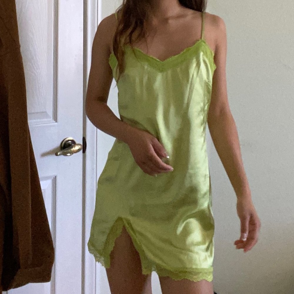 Motel Rocks lime green satin slip dress with lace trim